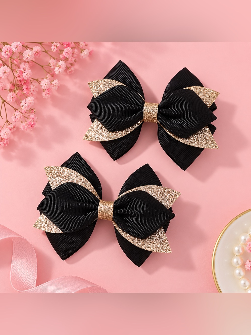 Black & Gold Glitter Bow Hair Clips Set of 2 | Sparkly Boutique Bows | New